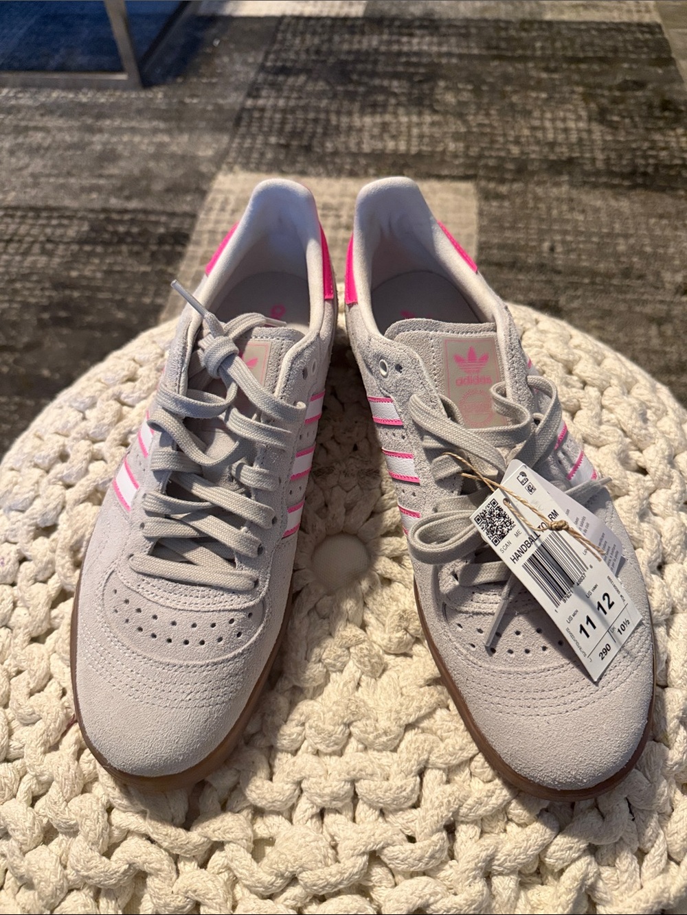adidas Women's Light Gray Suede Sneakers with Pink Stripes. NWOB